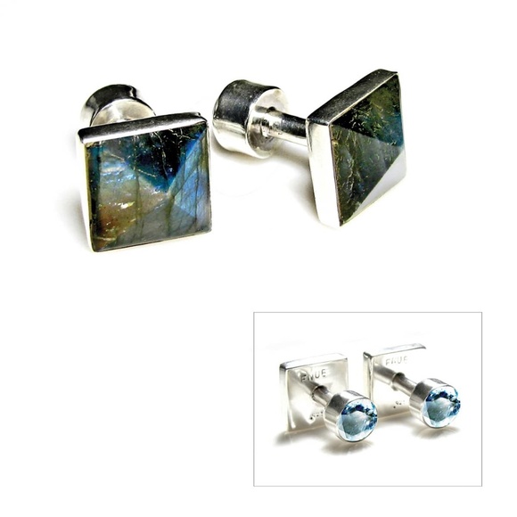 NEW - Handcrafted. .925 Sterling Silver Labradorite and Blue Topaz Cufflinks - Picture 1 of 6